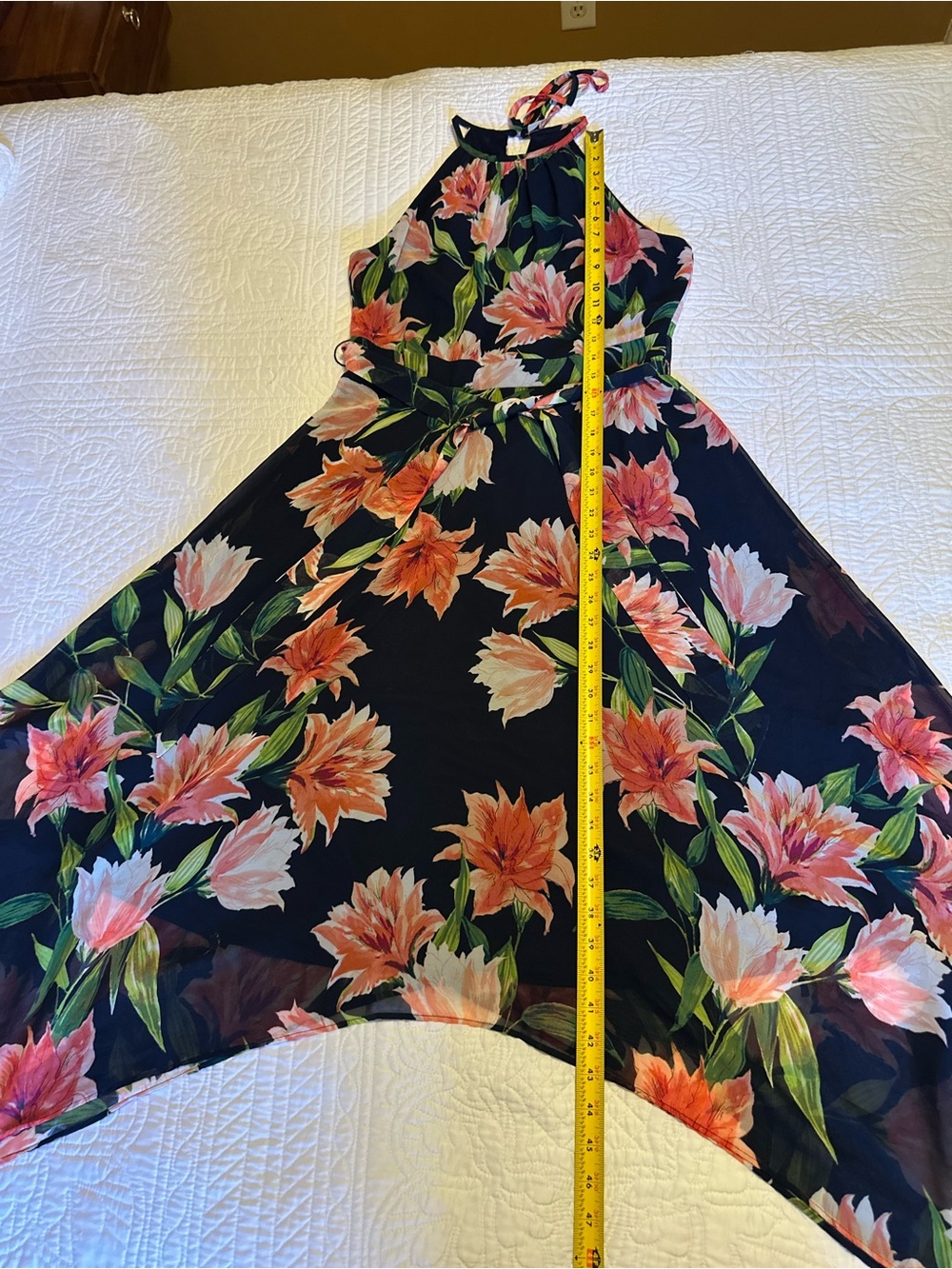 Eliza J Navy Blue Halter Floral handkerchief Dress in Coral and Green - Picture 3 of 12